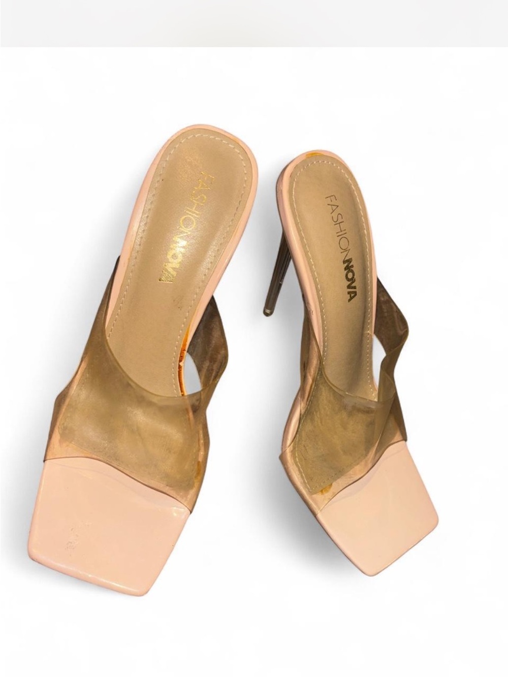 Fashion Nova Blush Clear Vinyl Square Toe High Heel Mules